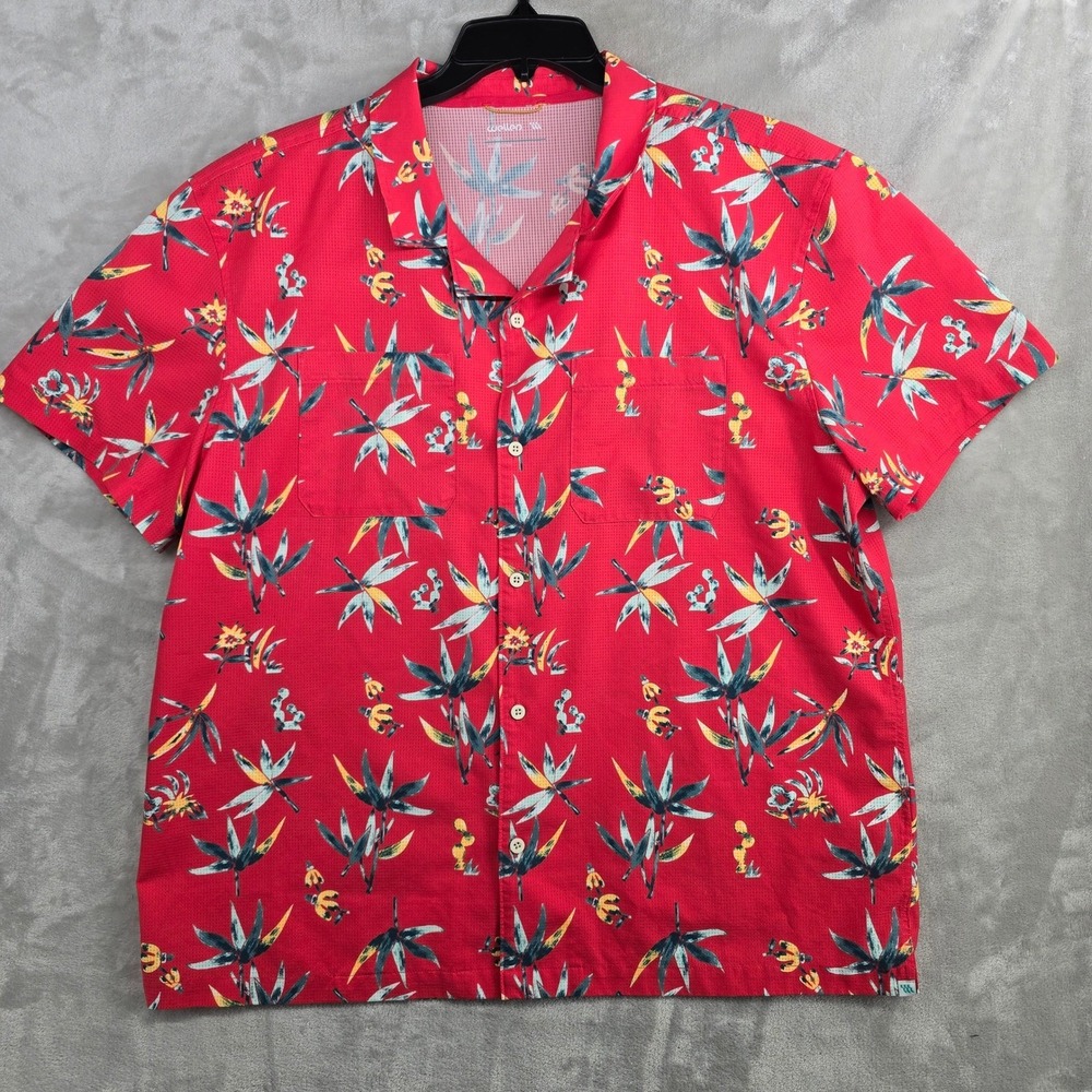 Wellon‎ Mens XL Button Down Shirt Short Sleeve Red Floral Hawaiian Vacation New